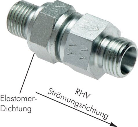 Exemplarische Darstellung: Rückschlagventil ohne Mutter & Schneidring (Durchfluss vom Gewinde zum Rohr, Stahl verzinkt)